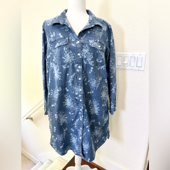 Lands' End Dresses & Skirts - Lands End Cotton Denim Button Floral Print Shirt Dress Sz Large blue excellent